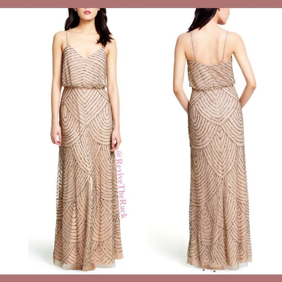 NEW Adrianna Papell Art Deco Beaded Blouson Gown in Taupe Pink‎ [SZ 8 ] - Picture 8 of 11